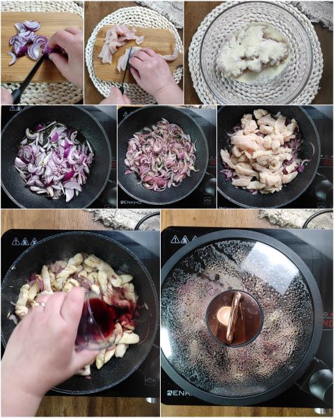 preparation of chicken strips with onions