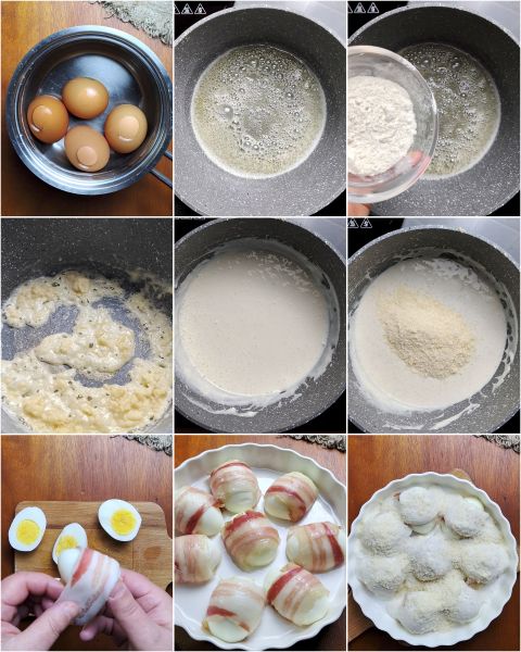 preparation of gratinated eggs with béchamel sauce