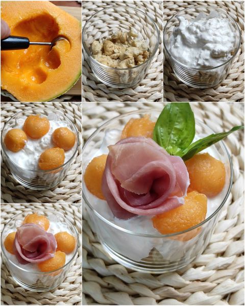 preparation of ham and melon in a glass