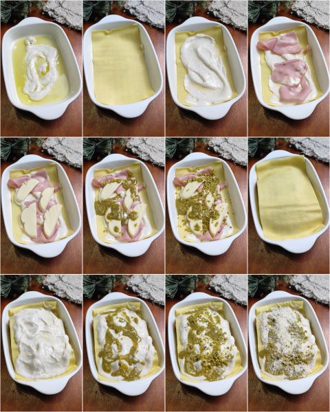 preparation of lasagna with mortadella and pistachio