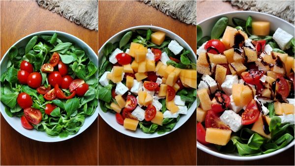 preparation of melon cherry tomato and feta salad