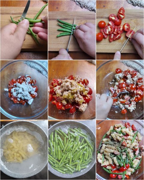 preparation of pasta with green beans and tuna