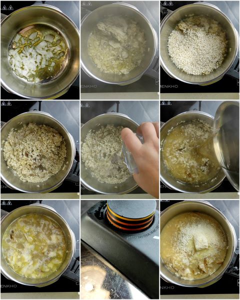 preparation of porcini mushroom risotto in a pressure cooker
