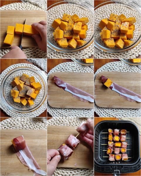 preparation of pumpkin and speck skewers