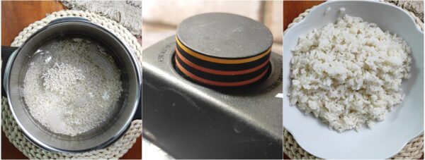 preparation of rice salad with octopus and eggplants