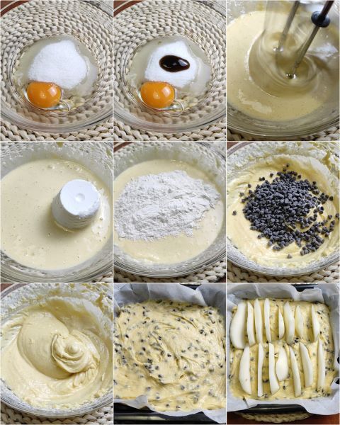 preparation of ricotta, pear, and chocolate cake