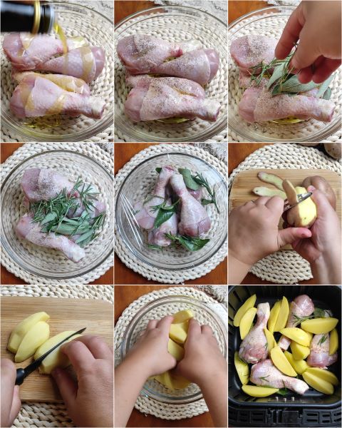 preparation of roast chicken with potatoes