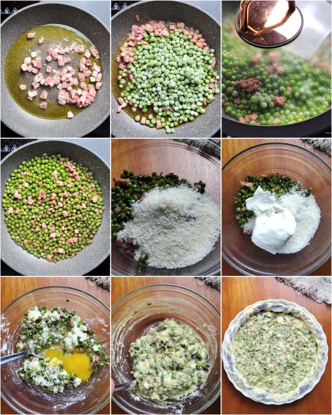 preparation of savory pea and bacon pie