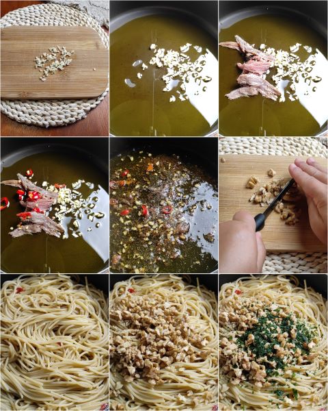 preparation of spaghetti with anchovies and walnuts
