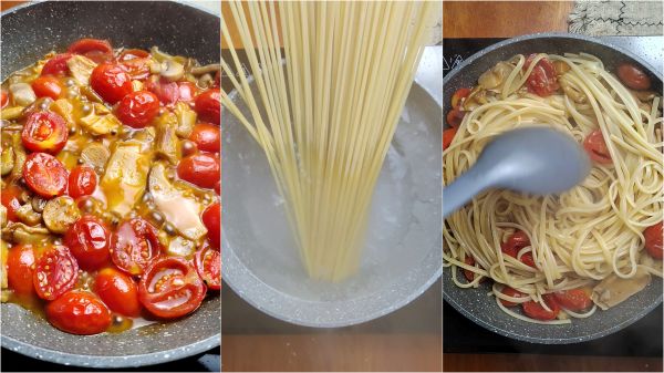 preparation of the pasta with mushrooms and cherry tomatoes