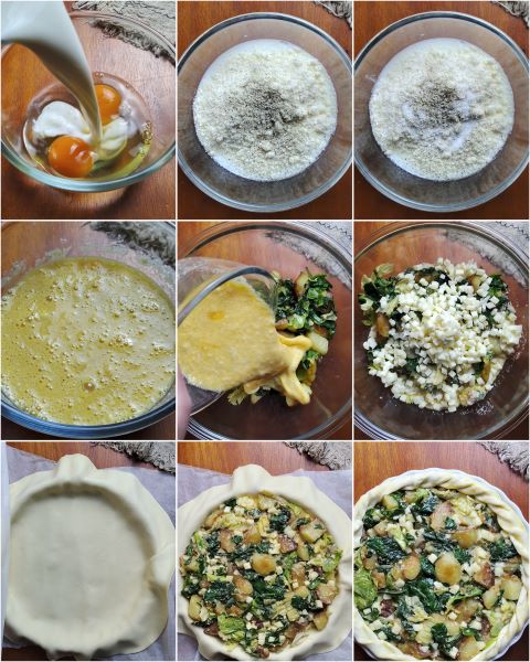 preparation of the savory pie with greens and potatoes