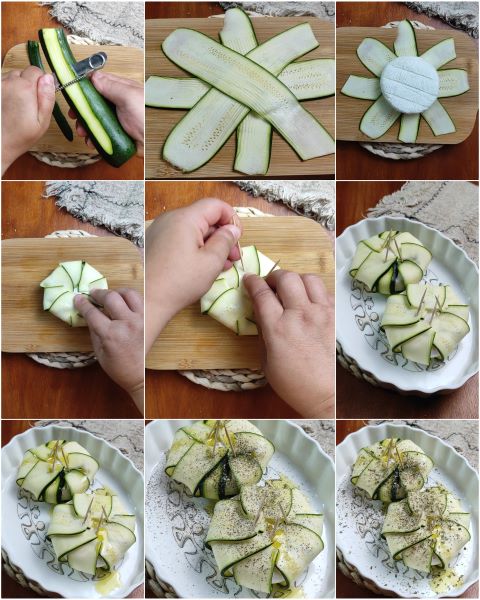 preparation of tomini in zucchini crust