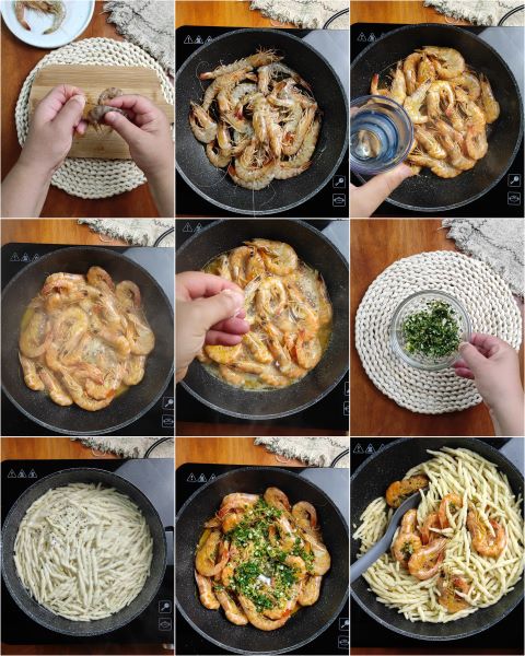preparation of trofie with shrimp and lemon