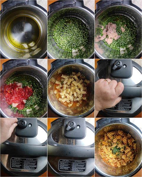 preparation of tuna and peas pasta
