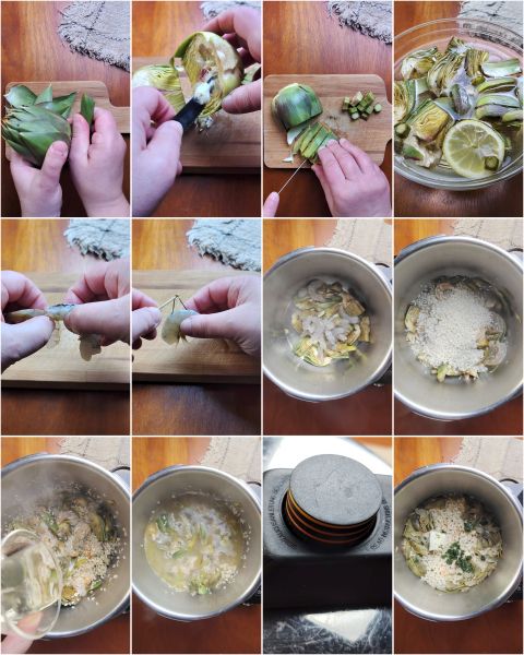 preparing artichoke and prawn risotto in pressure cooker