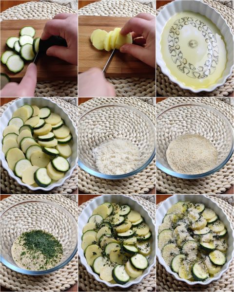 preparing baked zucchini and potatoes gratin