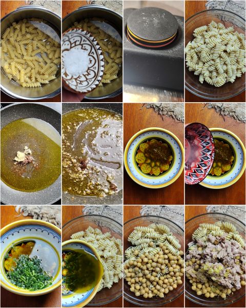 preparing cold pasta with chickpeas, tuna, and lemon