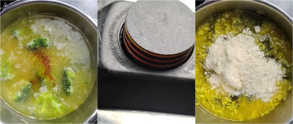 preparing the broccoli and saffron risotto in a pressure cooker