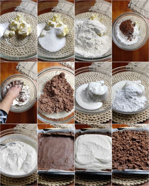 preparing the cocoa crumble with yogurt cream