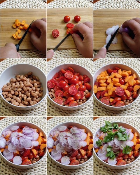 preparing the cold bean salad