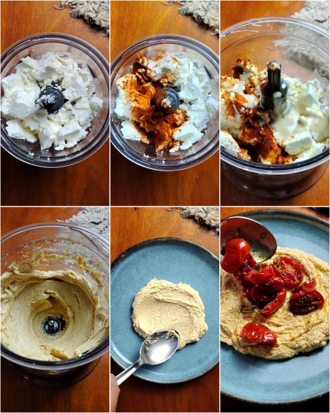 preparing the feta cream with roasted cherry tomatoes