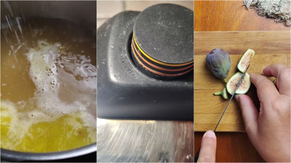 preparing the fig and taleggio risotto