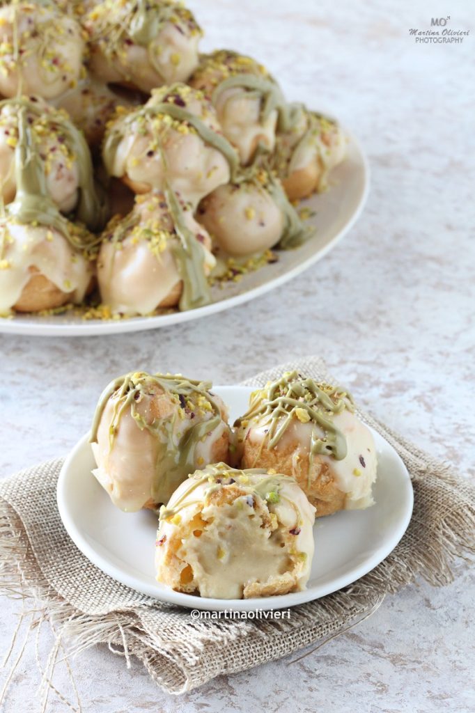 Pistachio and White Chocolate Profiteroles