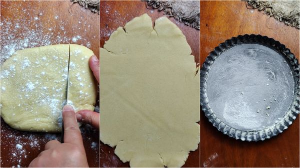 roll out the shortcrust and place it inside a greased and floured tart pan