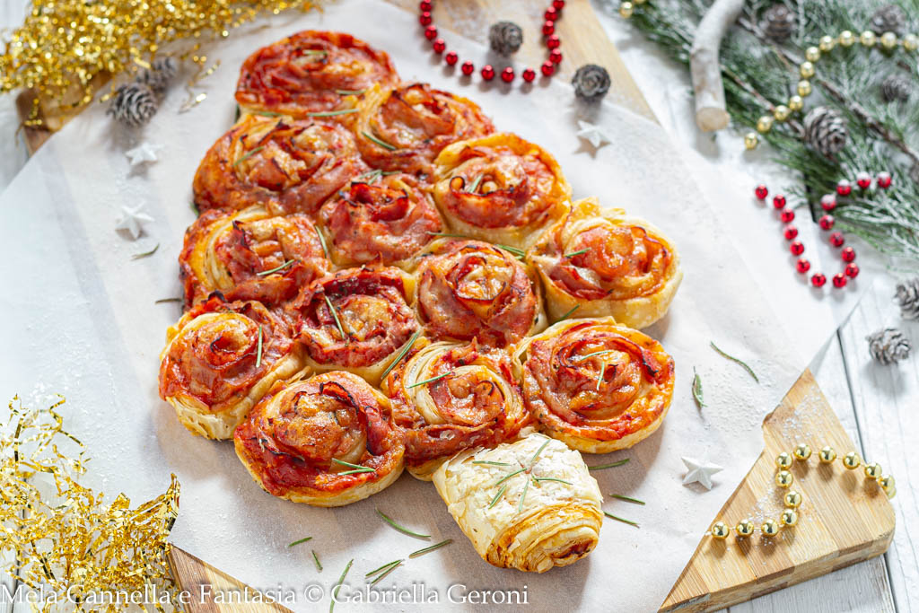 Savory Christmas Tree with Puff Pastry Pizza Roses