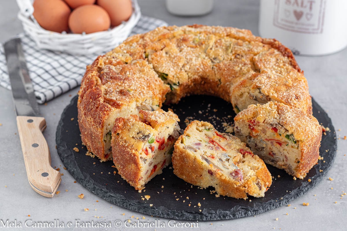 Savory Ring Cake with Mushrooms, Gorgonzola, Zucchini, and Bacon