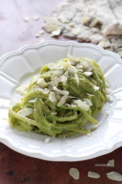 serve pasta with almond slices and grated pecorino