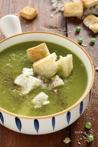 serve the creamy soup with crumbled feta, bread croutons and a sprinkle of pepper
