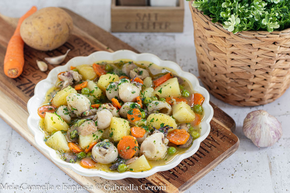 Stewed Cuttlefish with Potatoes, Carrots, Mushrooms, and Peas