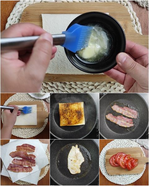 toast the bread and cook bacon and chicken in the same pan