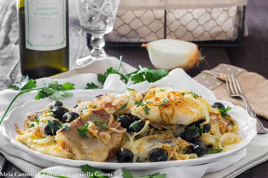 White Cod with Olives and Onions in a Pan