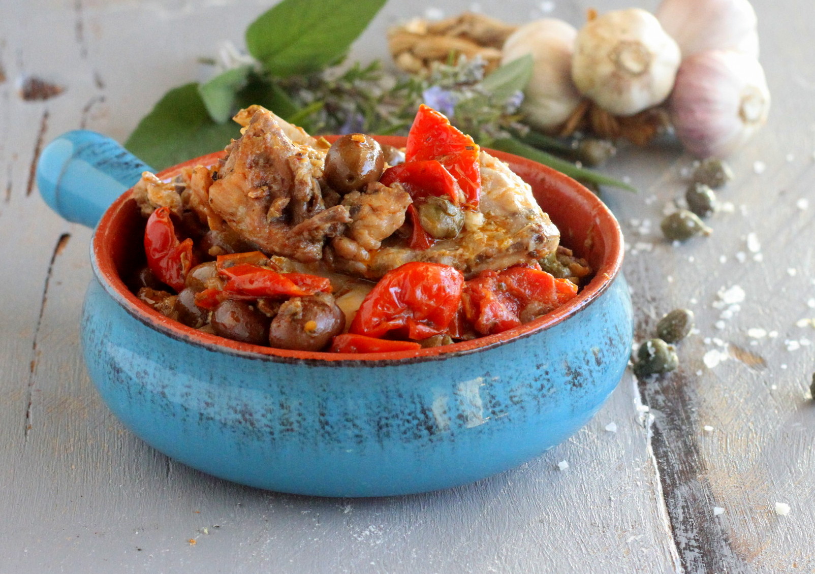 Rabbit with Olives, Cherry Tomatoes, and Herbs