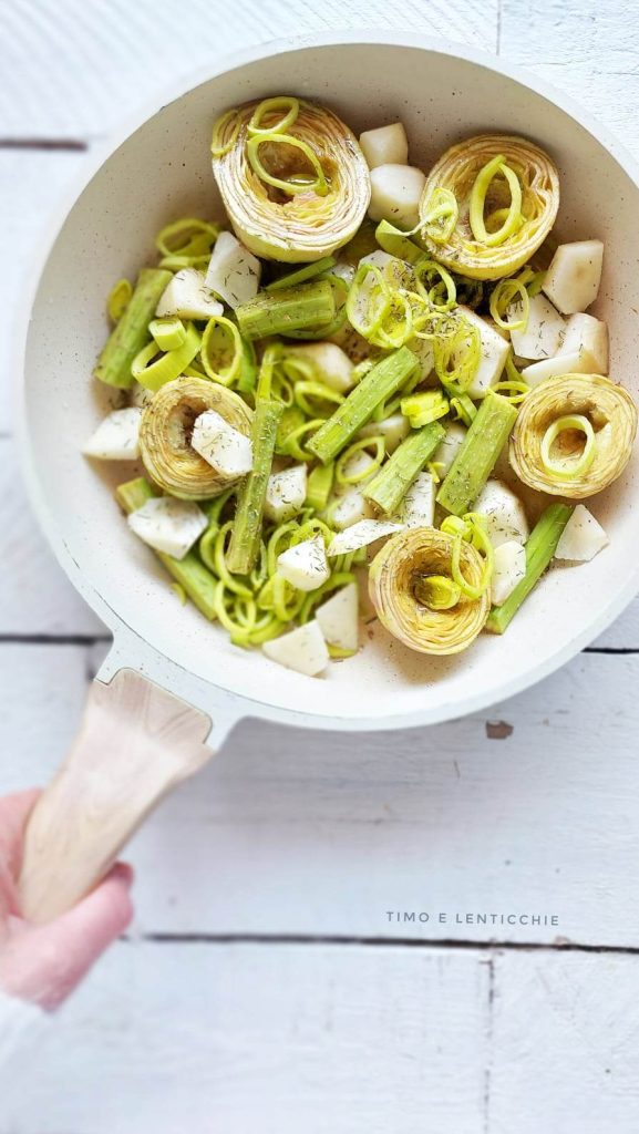 Artichokes, Leeks, and Jerusalem Artichokes in a Pan