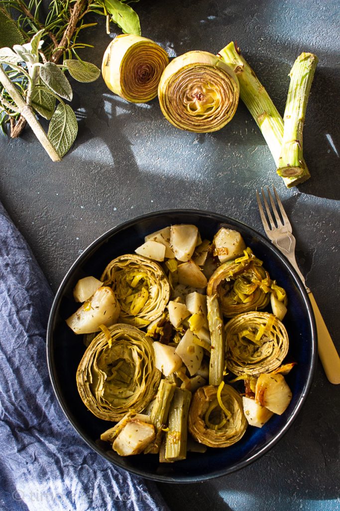 Artichokes, Leeks, and Jerusalem Artichokes in a Pan