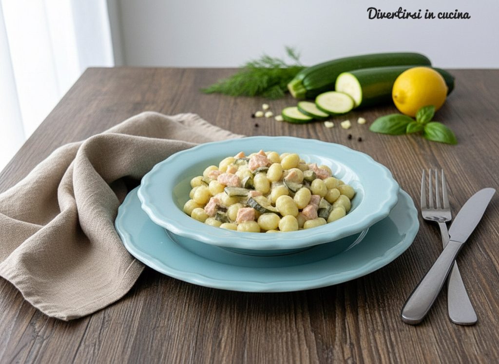 A plate of creamy potato gnocchi topped with zucchini cubes and salmon pieces, immersed in a velvety white sauce