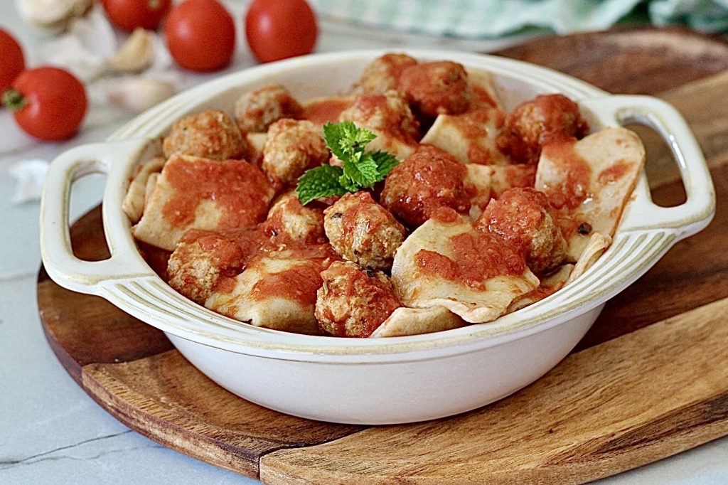 Homemade Maltagliati with Sauce and Meatballs, with semi-whole wheat flour