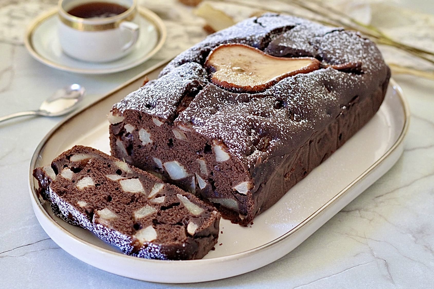 Chocolate and Pear Loaf Cake, BUTTERLESS, wholesome and soft
