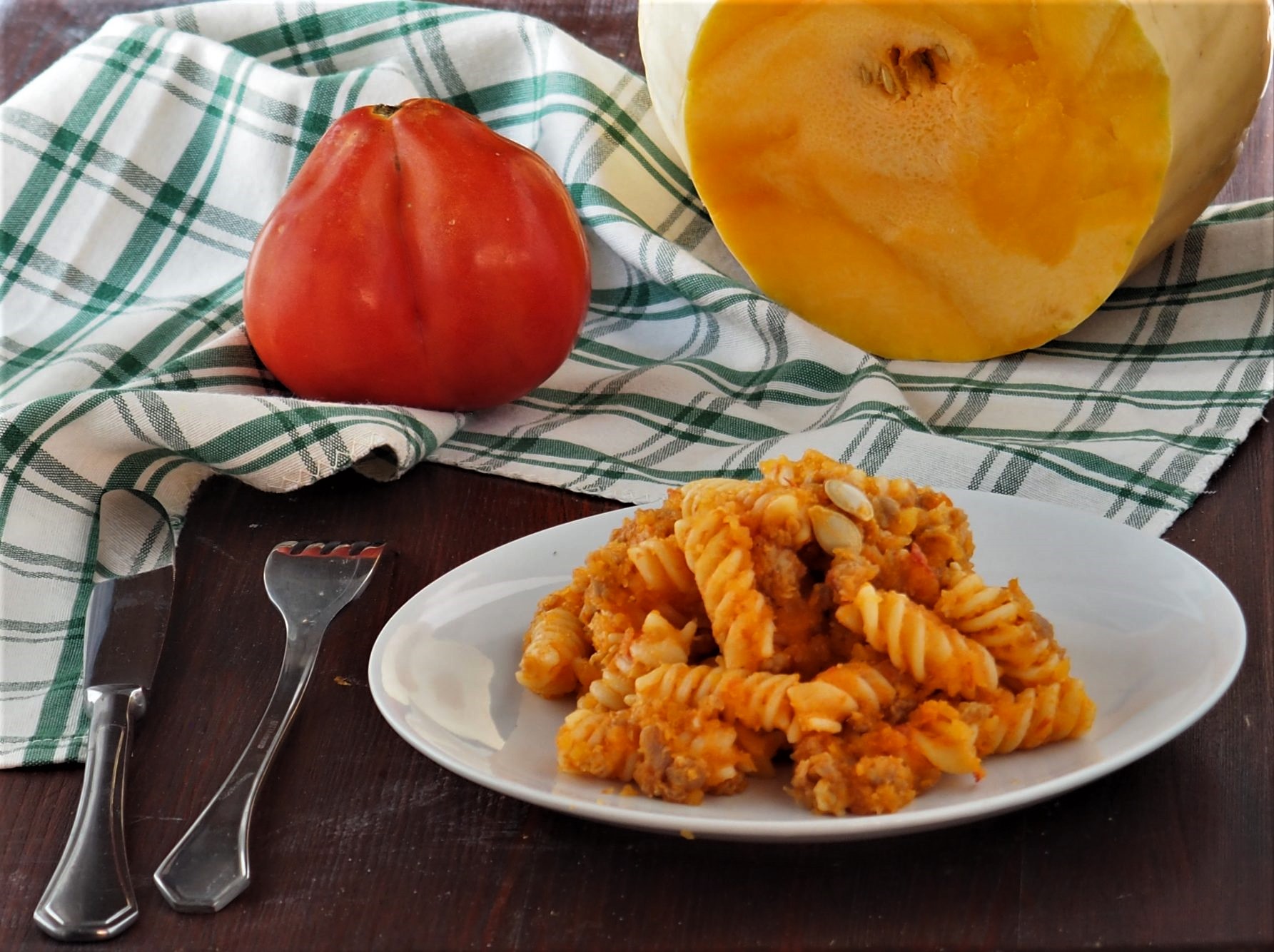 Fusilli with Pumpkin, Sausage, and Tomato