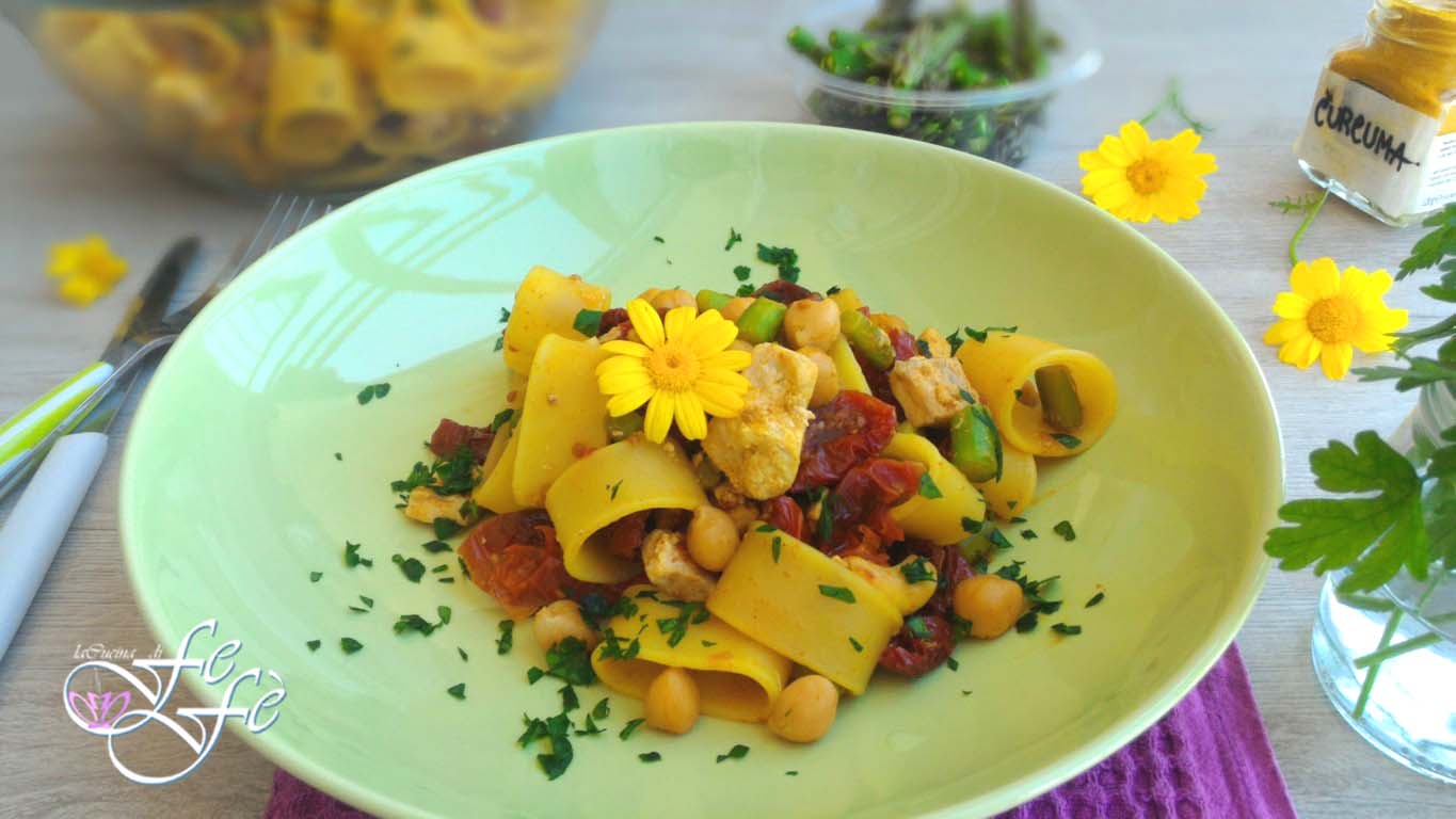 TURMERIC CALAMARATA WITH SWORDFISH AND ASPARAGUS