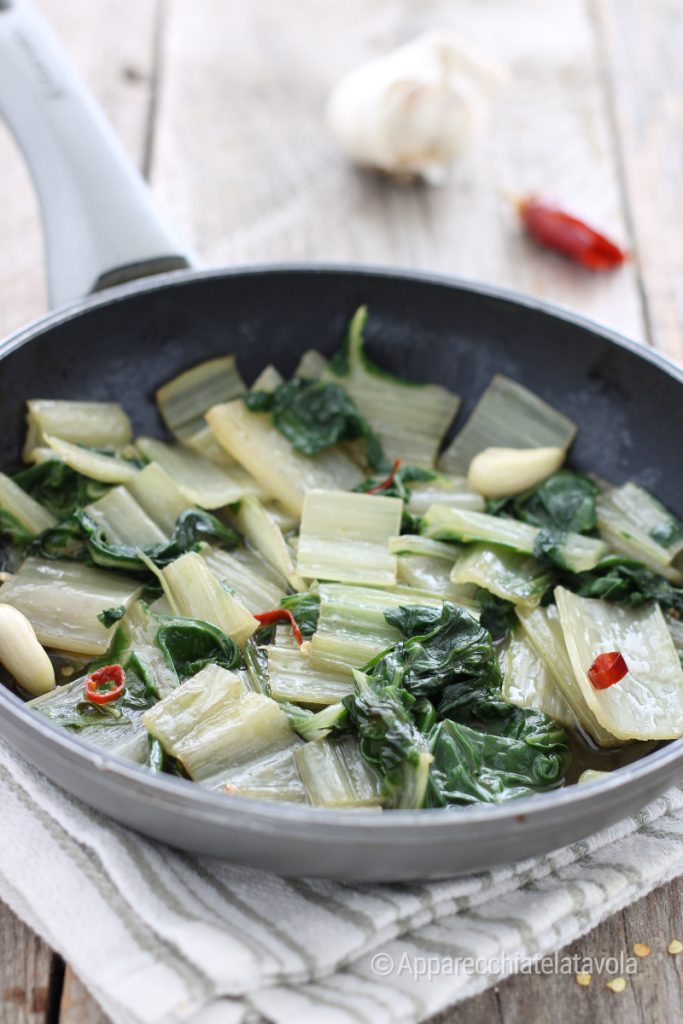 Swiss chard stalks in a pan