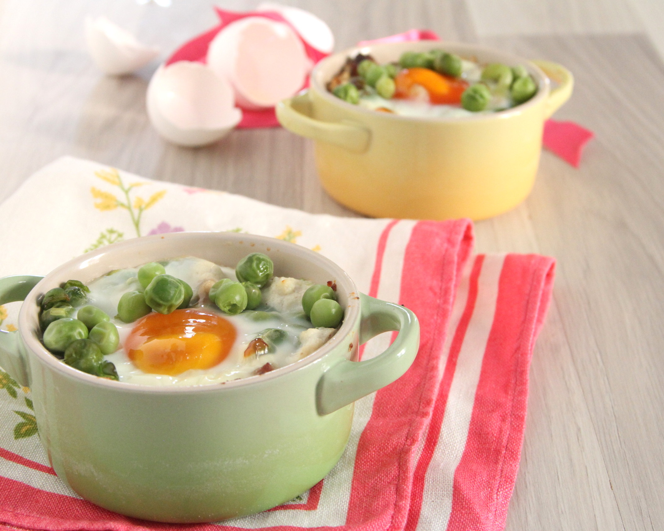 Baked Eggs with Ricotta, Guanciale, and Peas