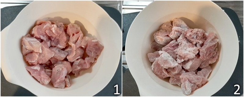 a. season the veal stew and flour it with all-purpose flour or gluten-free rice flour