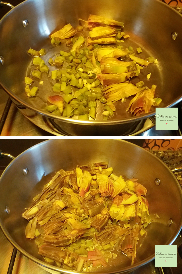 artichokes and stalks in pan steps