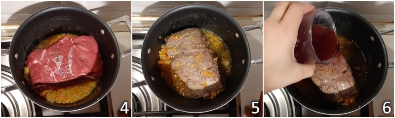 b. brown the whole piece of beef and deglaze with red wine