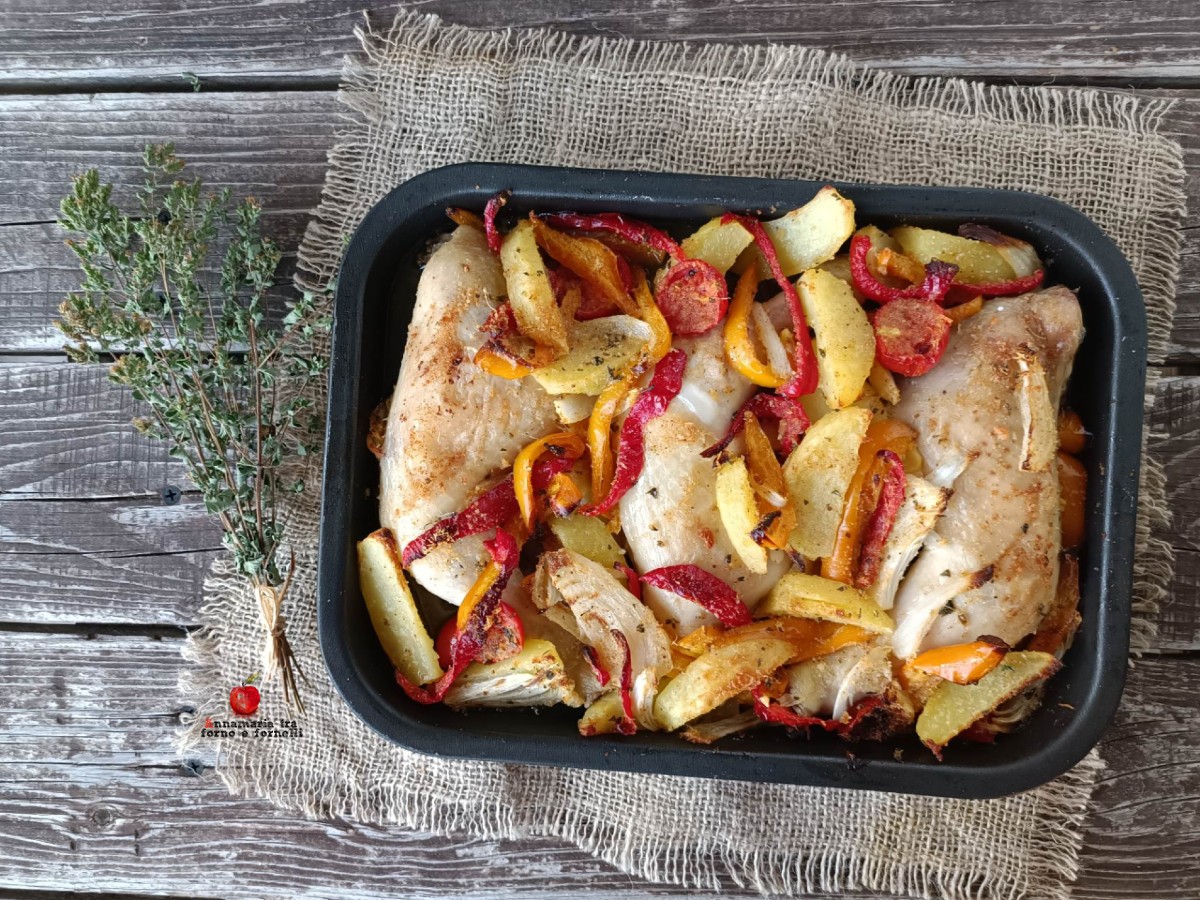 Baked Chicken Legs with Potatoes and Peppers