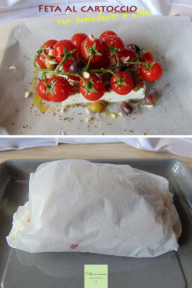 baked feta with cherry tomatoes and olives steps